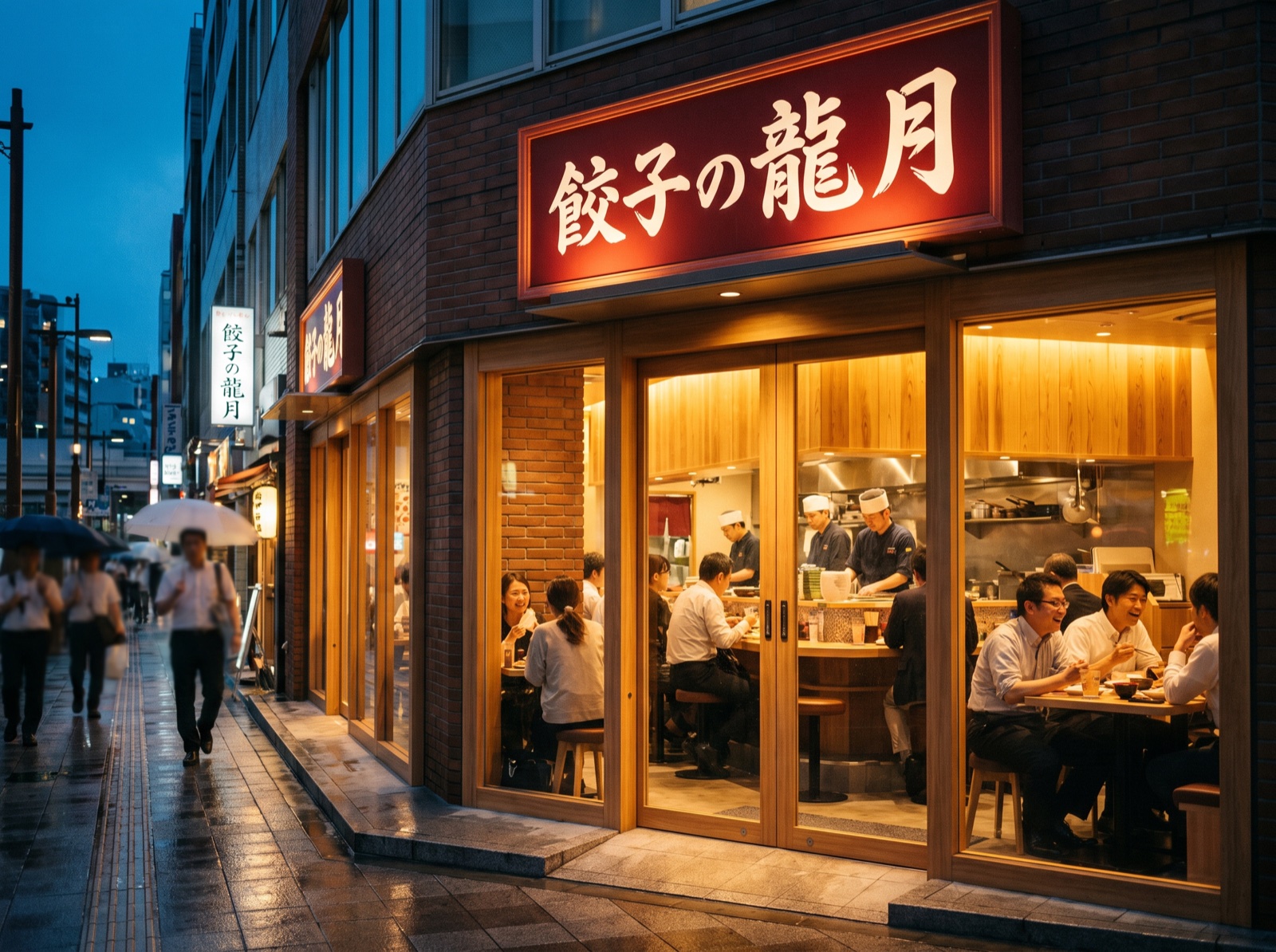 夕暮れの龍月の店舗外観