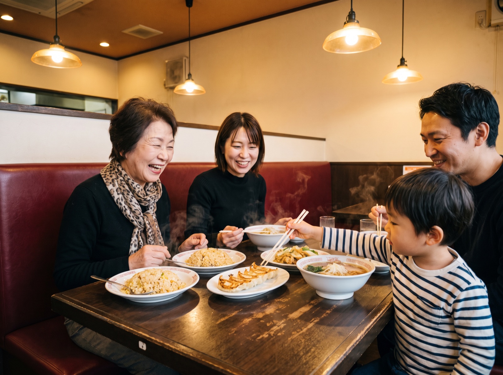 餃子を囲む三世代の家族
