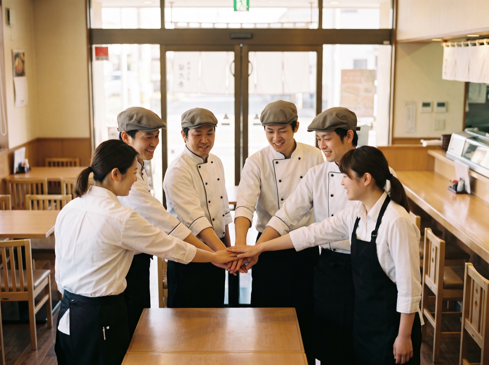 開店前の朝礼で円陣を組むスタッフ