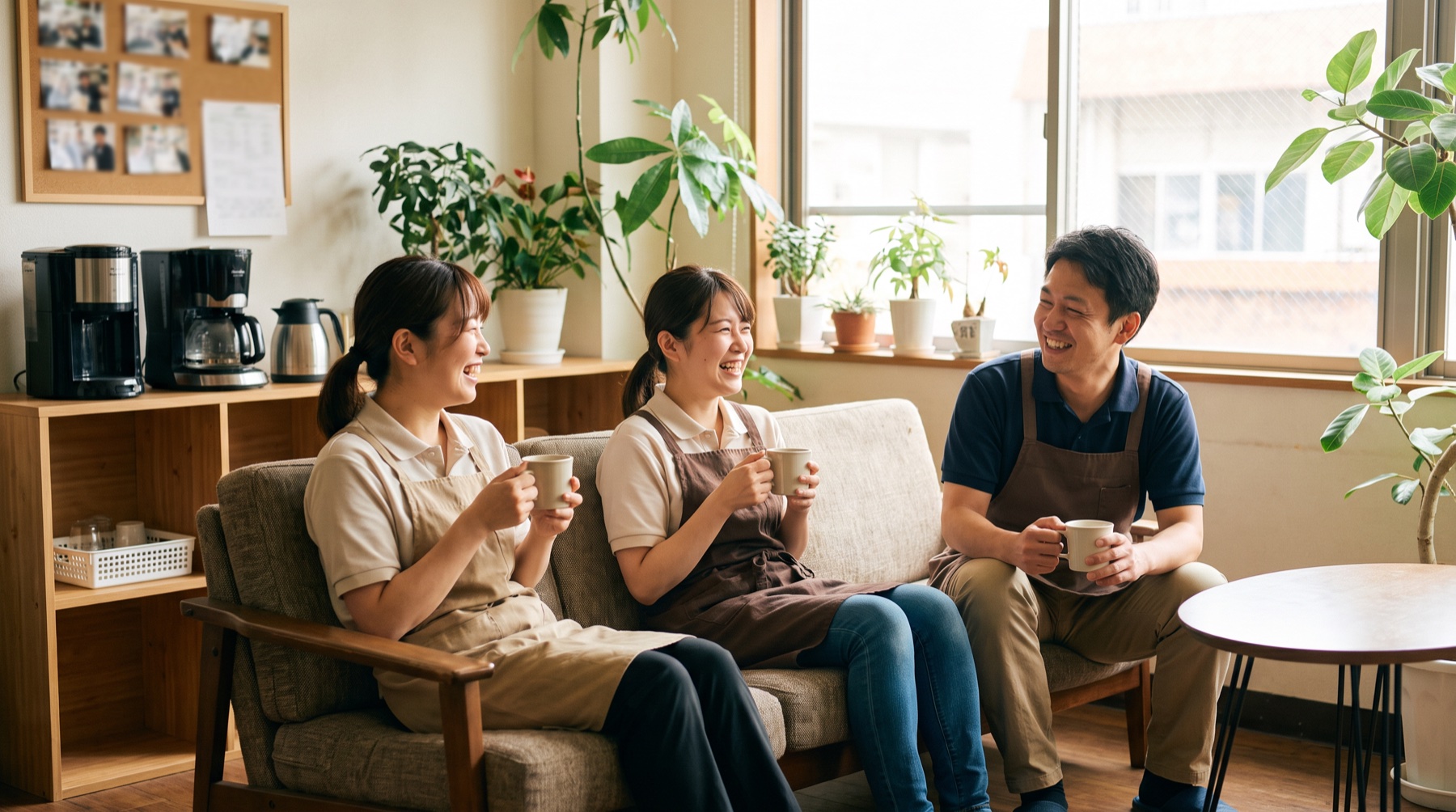 休憩室でくつろぐスタッフたち