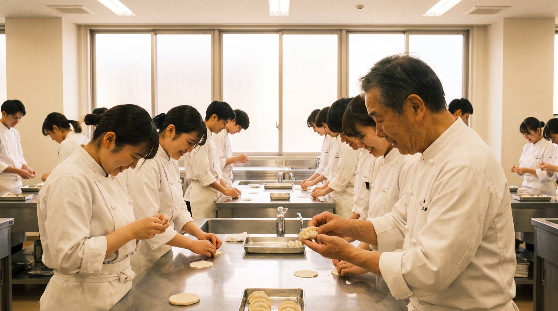 研修センターで餃子包みを学ぶ研修生たち