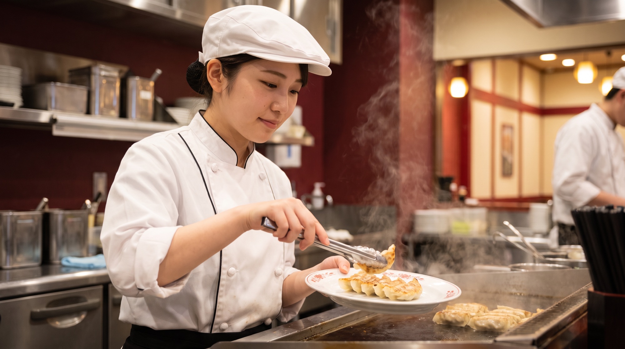 焼きたての餃子を皿に盛り付ける調理スタッフ
