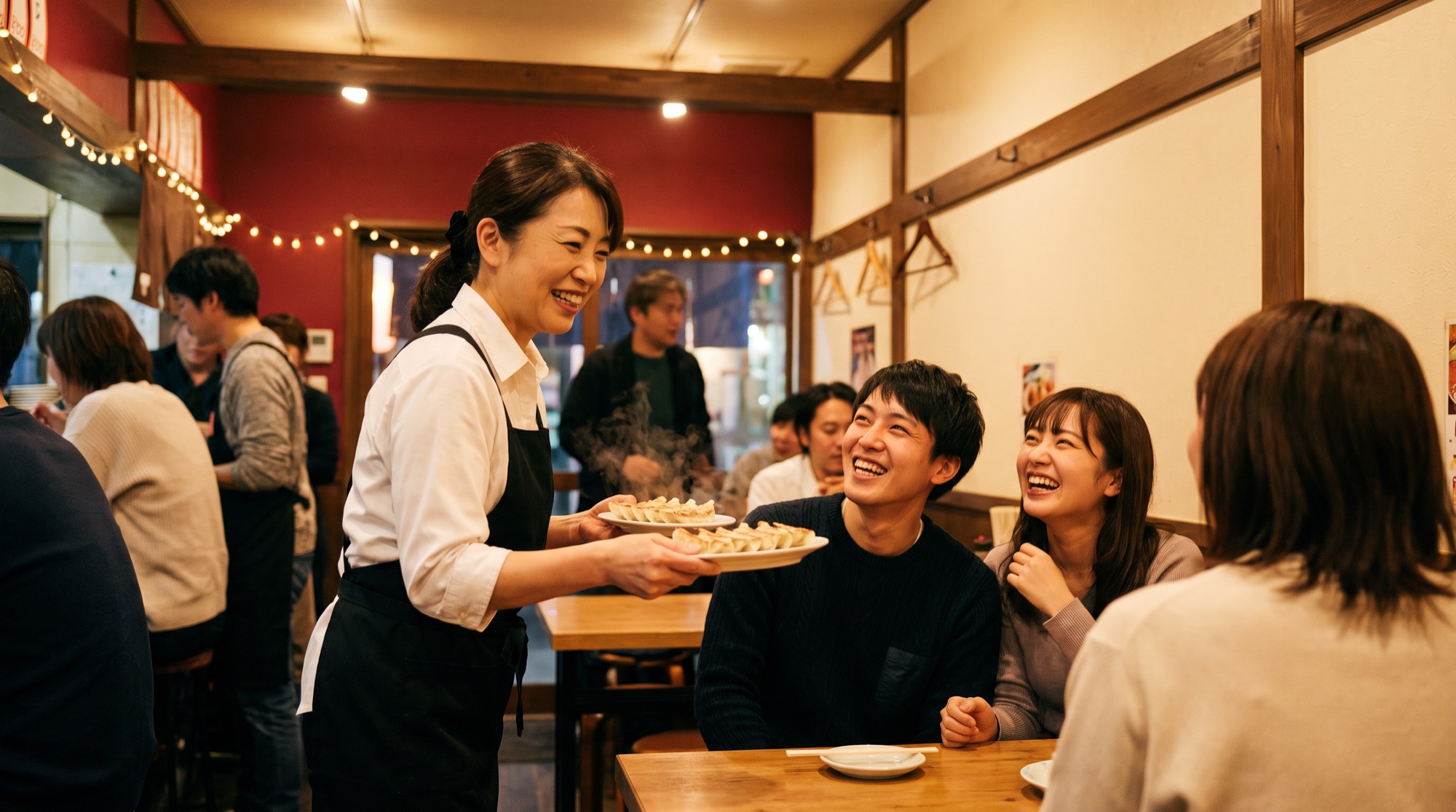 お客様に餃子を届けるホールスタッフ