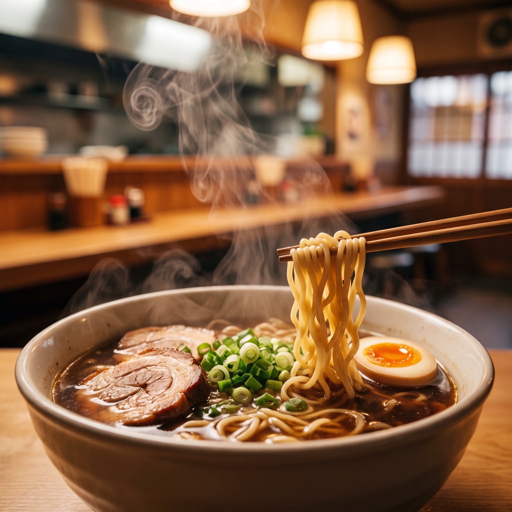 湯気の立つ醤油ラーメン