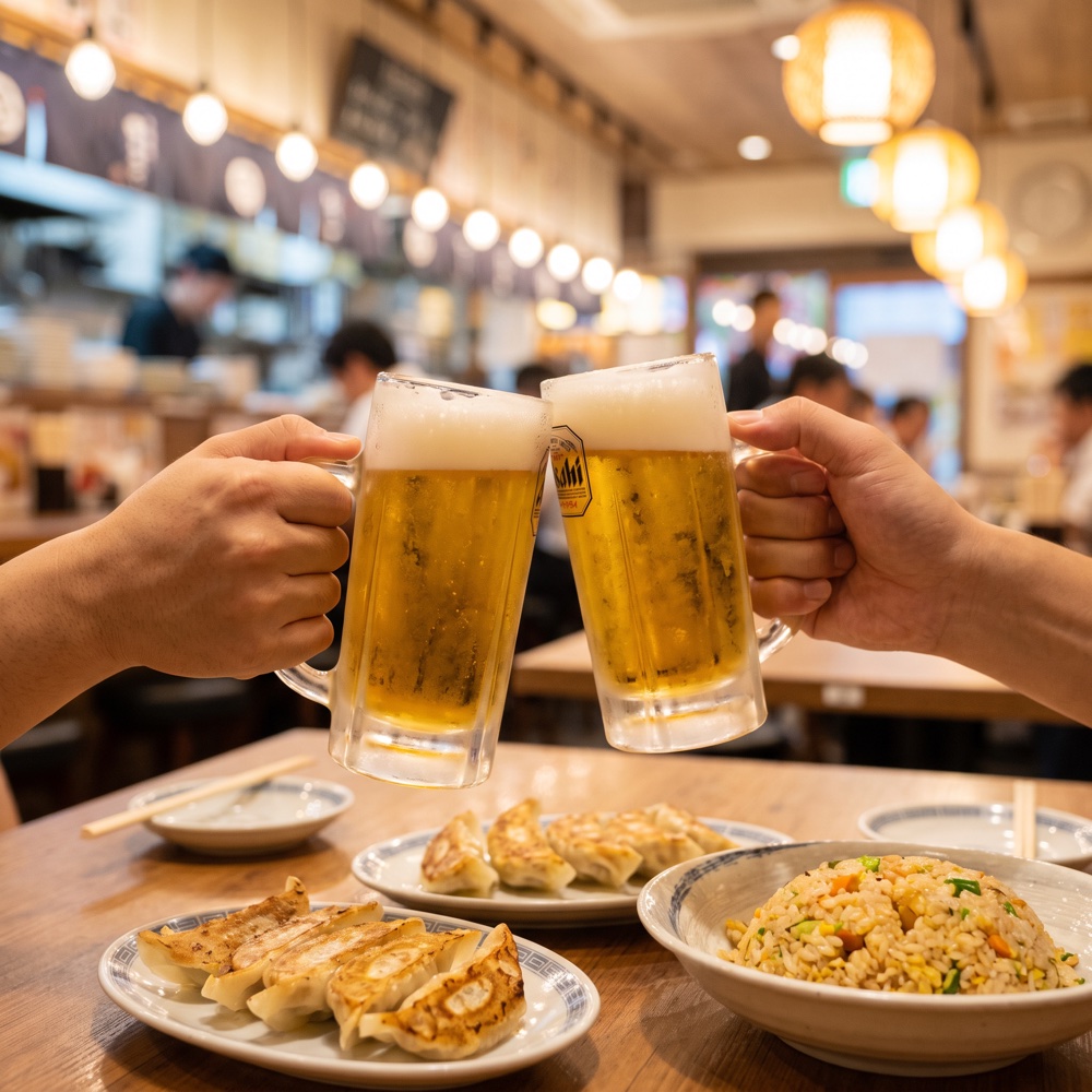 ビールで乾杯する手元