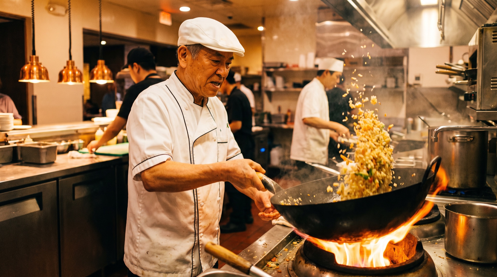 炎の上がる中華鍋を振る料理人